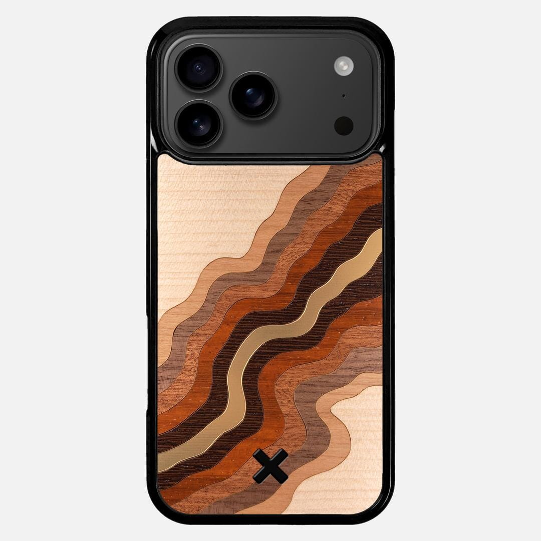 Canyon Case for the Apple iPhone 17 Pro Max featuring a flowing Gold, Maple, Cherry, Walnut, Sapele, Padauk, and Wenge Wood backer with the Keyway X Mark#Phone Model_iPhone 17 Pro Max
