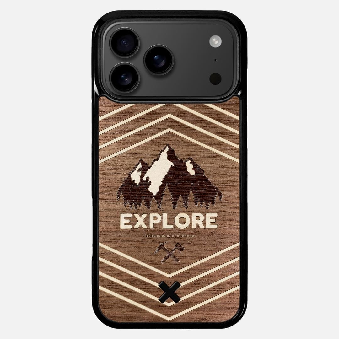 Explore Case for the Apple iPhone 17 Pro Max featuring a Wenge and Maple Mountain Range inlay on a Walnut Wood backer with the Keyway X Mark#Phone Model_iPhone 17 Pro Max