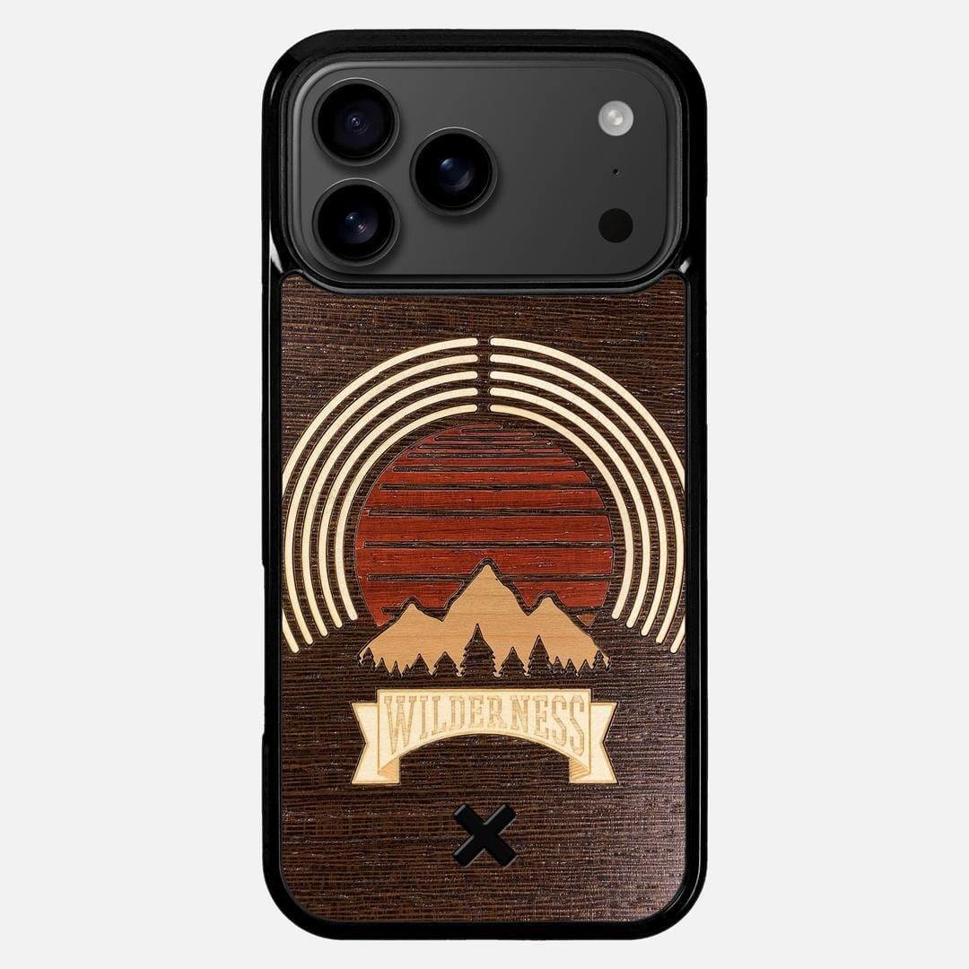 Wilderness Case for the Apple iPhone 17 Pro Max featuring a Maple, Padauk, and Cherry Sunset inlay on a Wenge Wood backer with the Keyway X Mark#Phone Model_iPhone 17 Pro Max