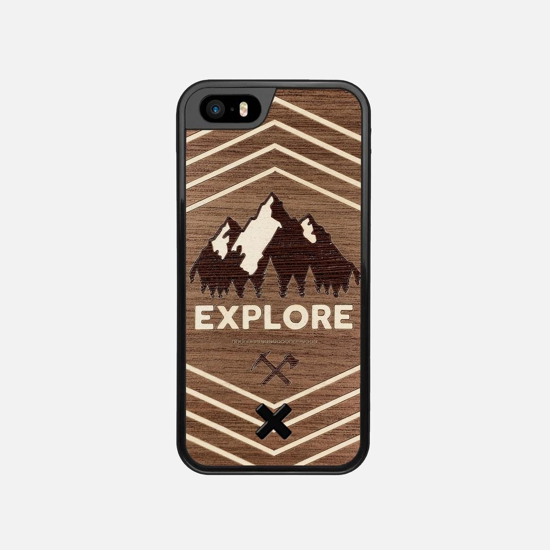 Explore Case for the Apple iPhone 5 featuring a Wenge and Maple Mountain Range inlay on a Walnut Wood backer with the Keyway X Mark#Phone Model_iPhone 5