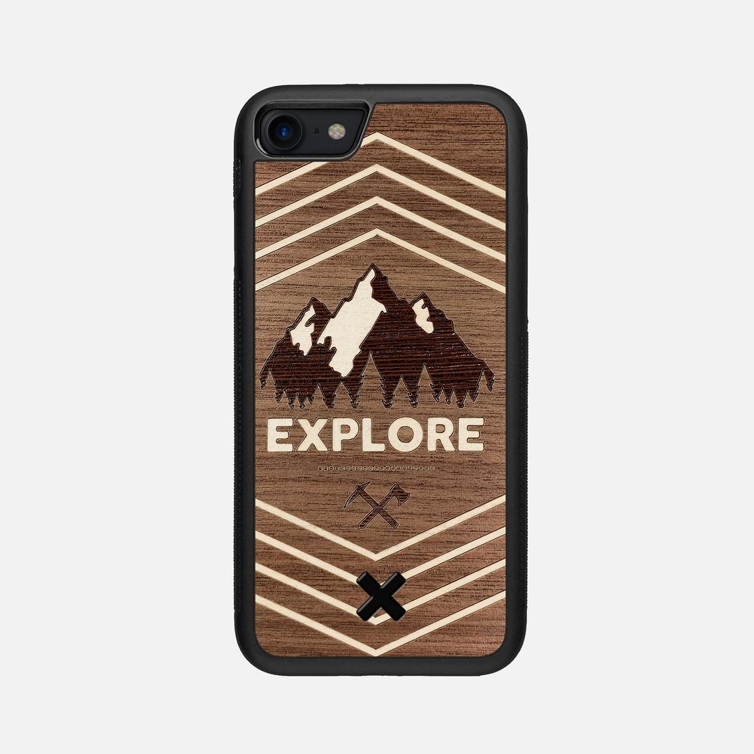 Explore Case for the Apple iPhone 8 featuring a Wenge and Maple Mountain Range inlay on a Walnut Wood backer with the Keyway X Mark#Phone Model_iPhone 8