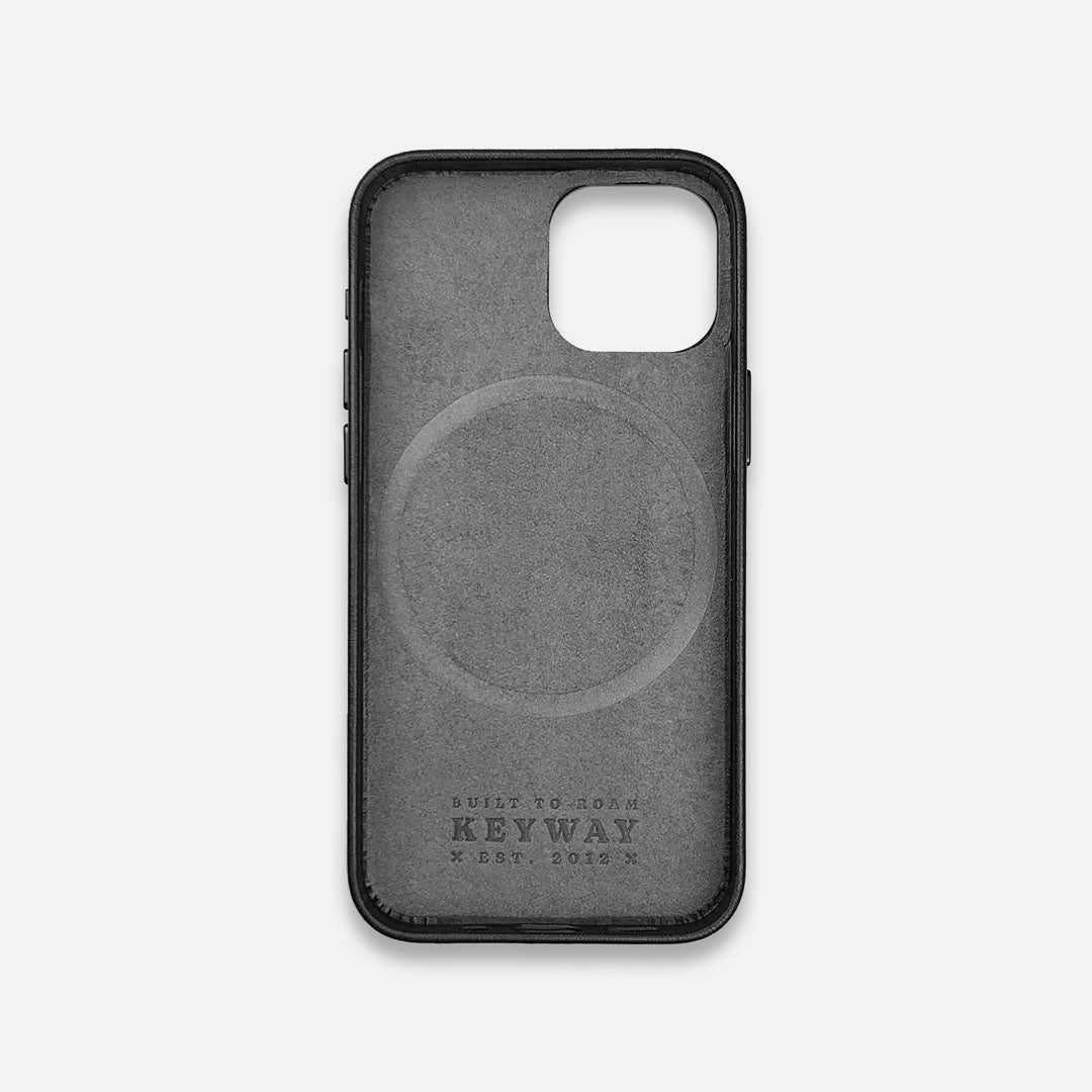 Microfiber lining of Charcoal Black Leather MagSafe iPhone 15 Case by Keyway