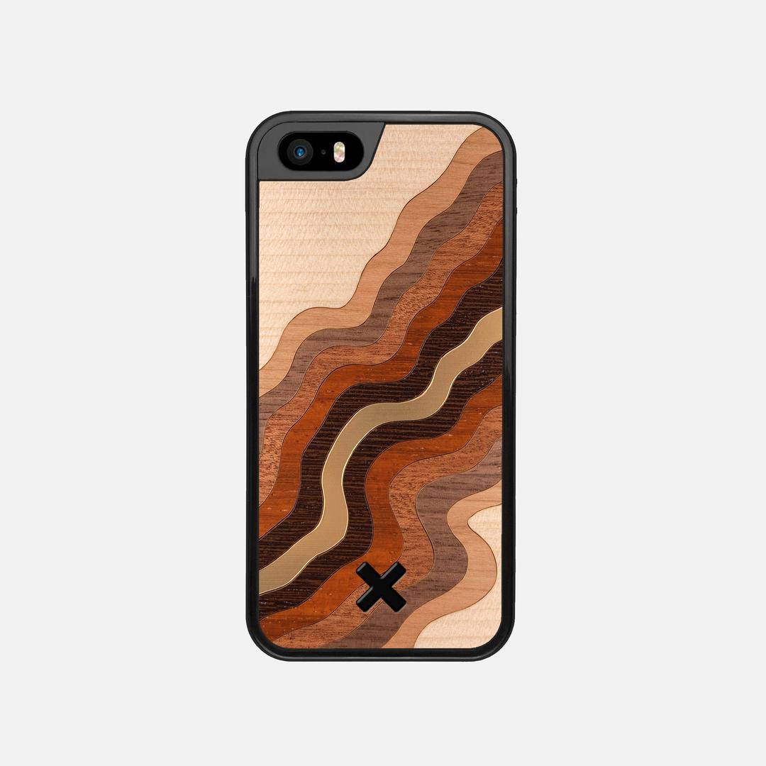 Canyon Case for the Apple iPhone SE (2016) featuring a flowing Gold, Maple, Cherry, Walnut, Sapele, Padauk, and Wenge Wood backer with the Keyway X Mark#Phone Model_iPhone SE (2016)