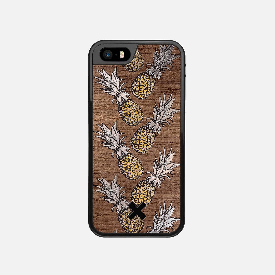 Pineapple Case for the Apple iPhone SE (2016) featuring a repeating gold and silver Pineapple inlay on a Walnut Wood backer with the Keyway X Mark#Phone Model_iPhone SE (2016)