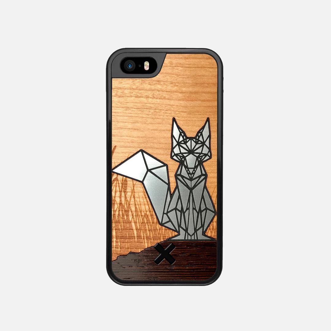 Silver Fox Case for the Apple iPhone SE (2016) featuring an Engraved Silver, Cherry, and Wenge Wood backer with the Keyway X Mark#Phone Model_iPhone SE (2016)