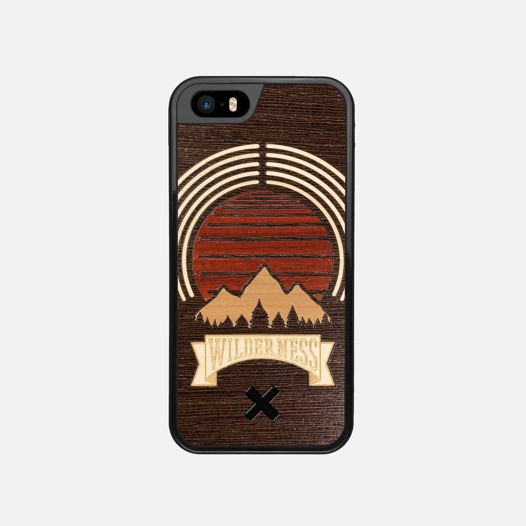 Wilderness Case for the Apple iPhone SE (2016) featuring a Maple, Padauk, and Cherry Sunset inlay on a Wenge Wood backer with the Keyway X Mark#Phone Model_iPhone SE (2016)