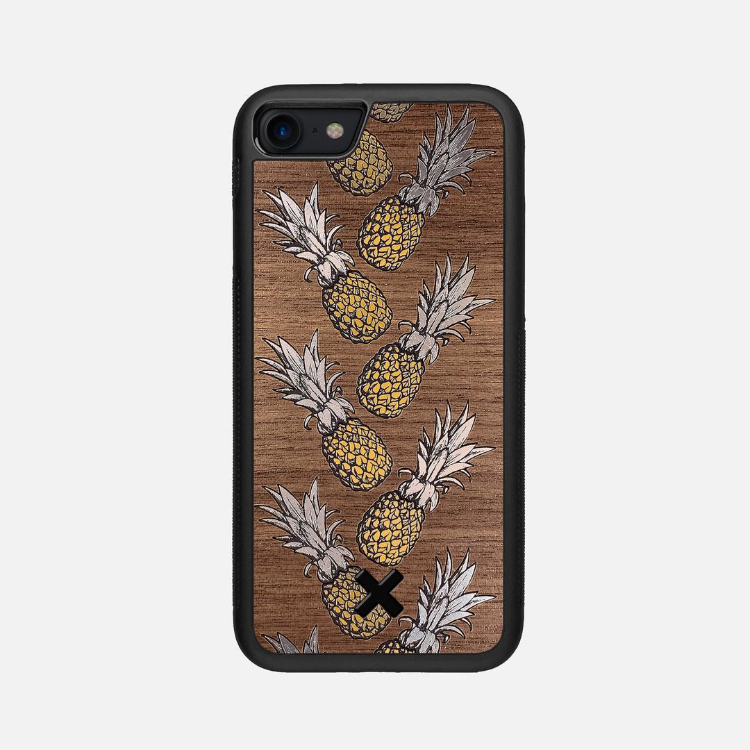 Pineapple Case for the Apple iPhone SE (2020) featuring a repeating gold and silver Pineapple inlay on a Walnut Wood backer with the Keyway X Mark#Phone Model_iPhone SE (2020)