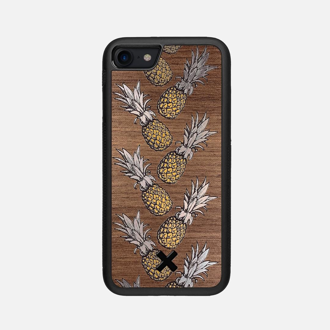 Pineapple Case for the Apple iPhone SE (2020) featuring a repeating gold and silver Pineapple inlay on a Walnut Wood backer with the Keyway X Mark#Phone Model_iPhone SE (2020)