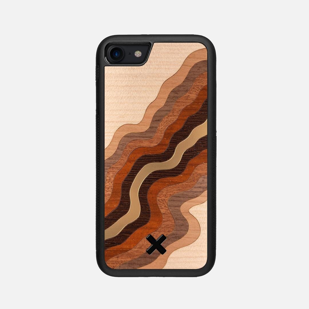 Canyon Case for the Apple iPhone SE (2022) featuring a flowing Gold, Maple, Cherry, Walnut, Sapele, Padauk, and Wenge Wood backer with the Keyway X Mark#Phone Model_iPhone SE (2022)