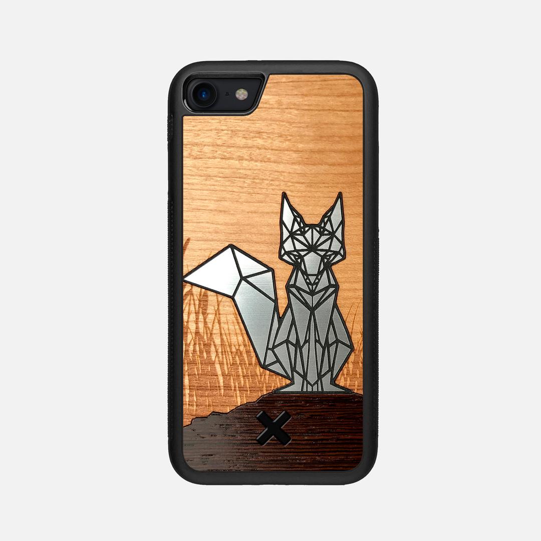 Silver Fox Case for the Apple iPhone SE (2022) featuring an Engraved Silver, Cherry, and Wenge Wood backer with the Keyway X Mark#Phone Model_iPhone SE (2022)