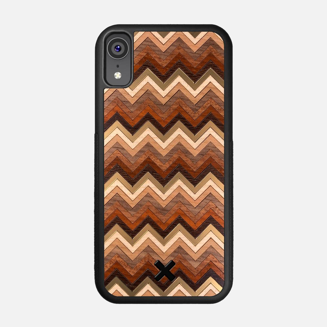 Echo Case for the Apple iPhone XR featuring a zigzag Gold, Maple, Cherry, Walnut, Sapele, Padauk, and Wenge Wood backer with the Keyway X Mark#Phone Model_iPhone XR