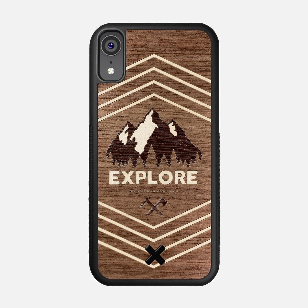 Explore Case for the Apple iPhone XR featuring a Wenge and Maple Mountain Range inlay on a Walnut Wood backer with the Keyway X Mark#Phone Model_iPhone XR