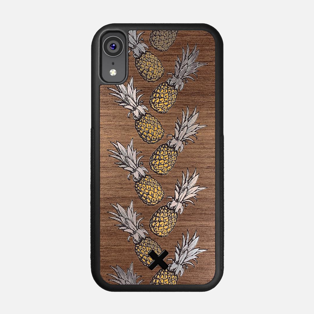 Pineapple Case for the Apple iPhone XR featuring a repeating gold and silver Pineapple inlay on a Walnut Wood backer with the Keyway X Mark#Phone Model_iPhone XR