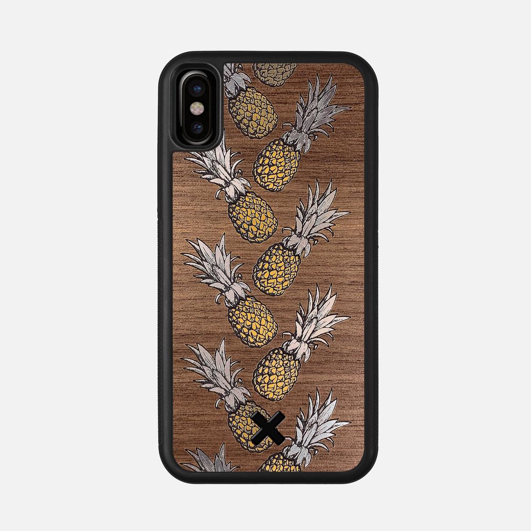 Pineapple Case for the Apple iPhone XS featuring a repeating gold and silver Pineapple inlay on a Walnut Wood backer with the Keyway X Mark#Phone Model_iPhone XS