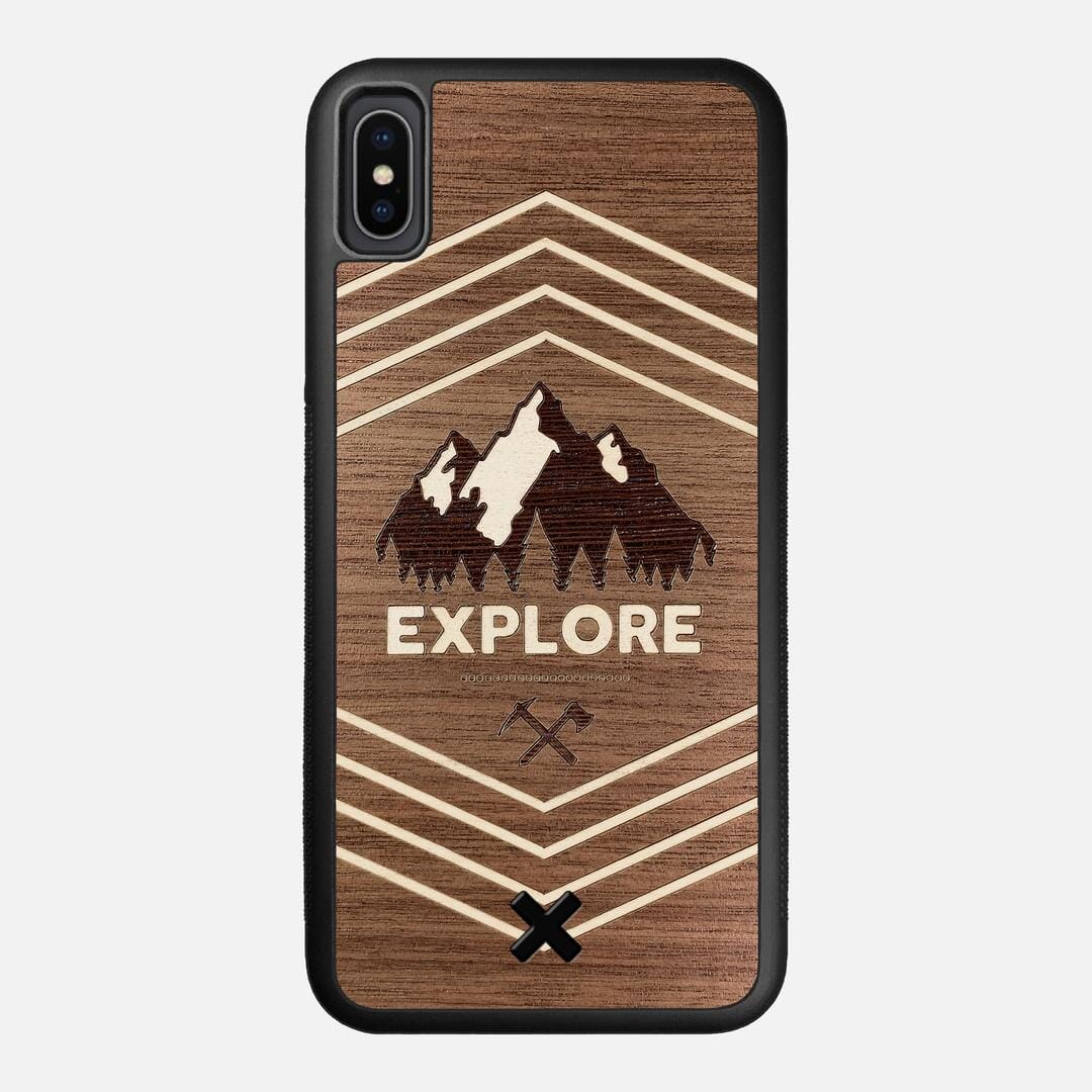Explore Case for the Apple iPhone XS Max featuring a Wenge and Maple Mountain Range inlay on a Walnut Wood backer with the Keyway X Mark#Phone Model_iPhone XS Max