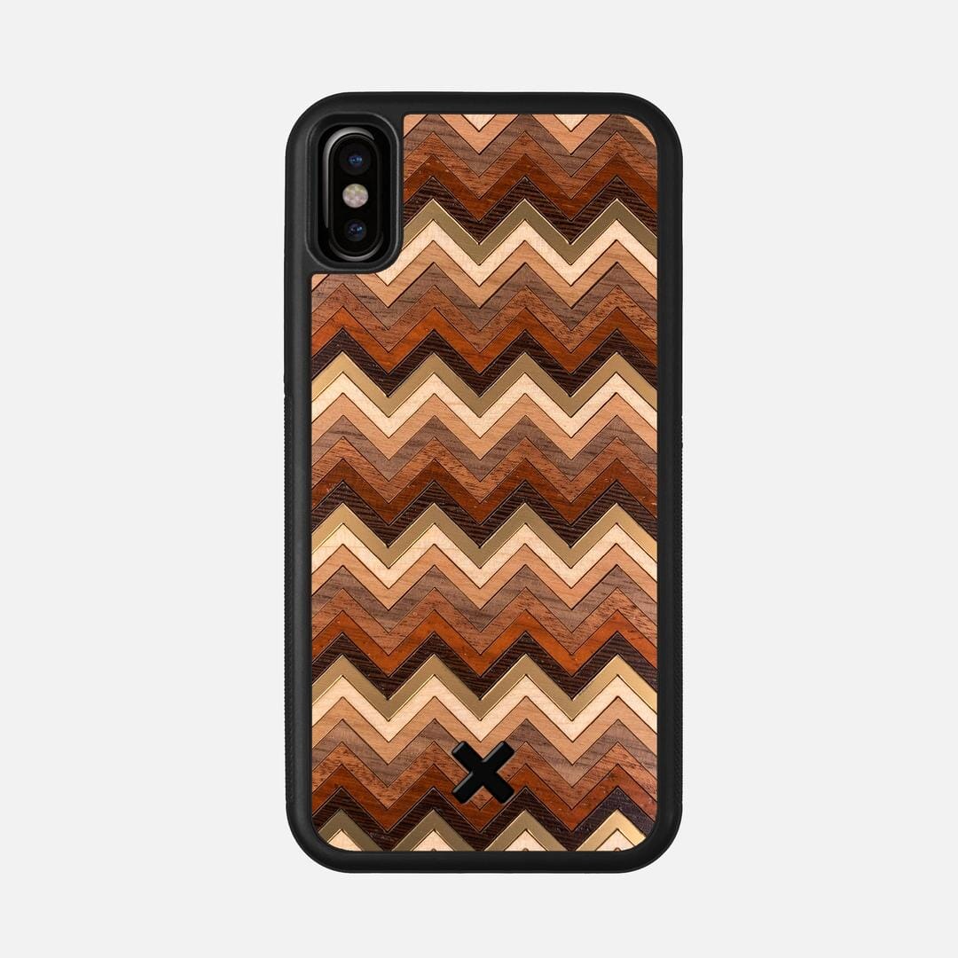 Echo Case for the Apple iPhone X featuring a zigzag Gold, Maple, Cherry, Walnut, Sapele, Padauk, and Wenge Wood backer with the Keyway X Mark#Phone Model_iPhone X
