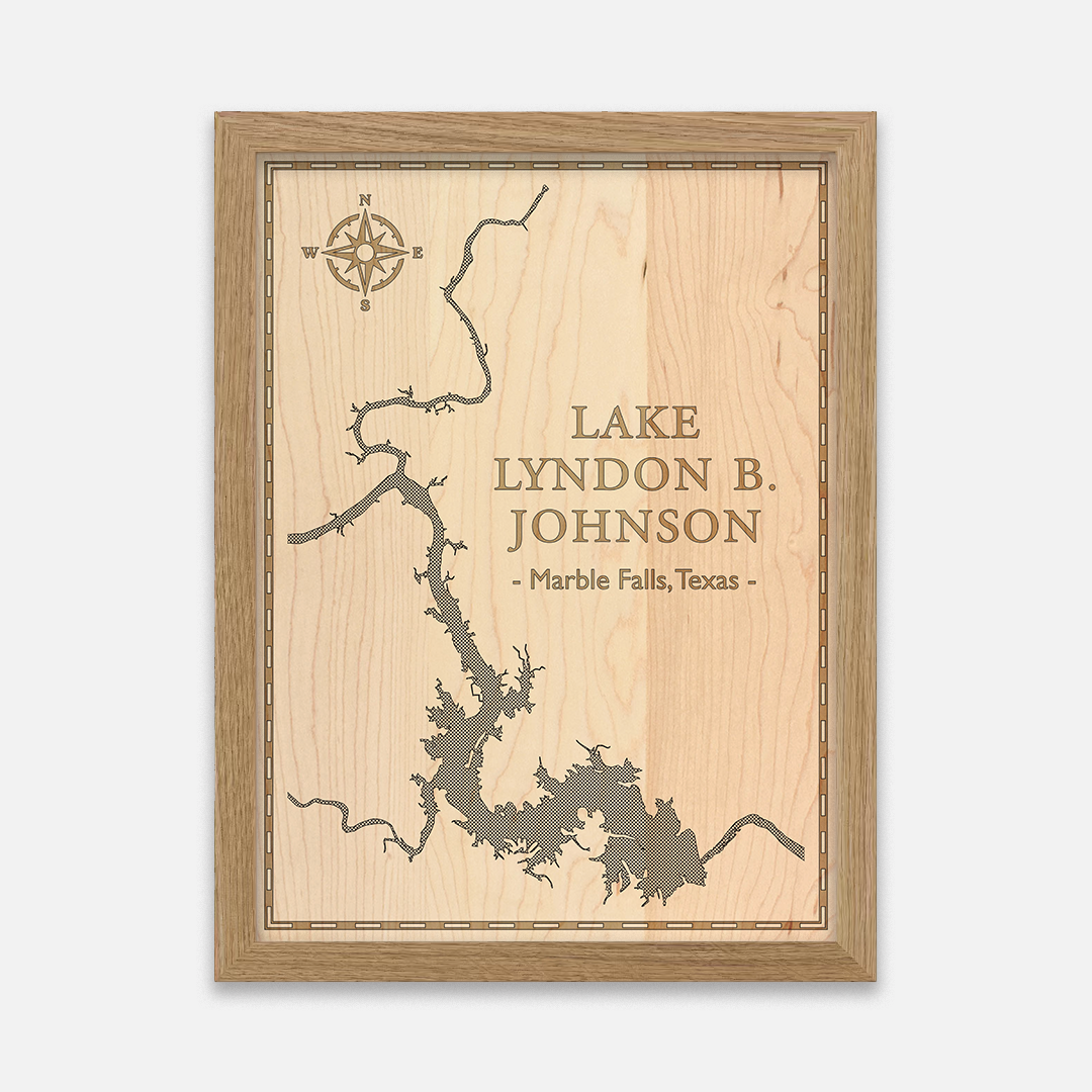 Framed laser-engraved wooden wall art of Lake Lyndon B. Johnson in Marble Falls, Texas. Crafted on natural maple wood, this minimalist map features intricate shoreline detailing and a compass rose—perfect for rustic décor or personalized lake house gifts.