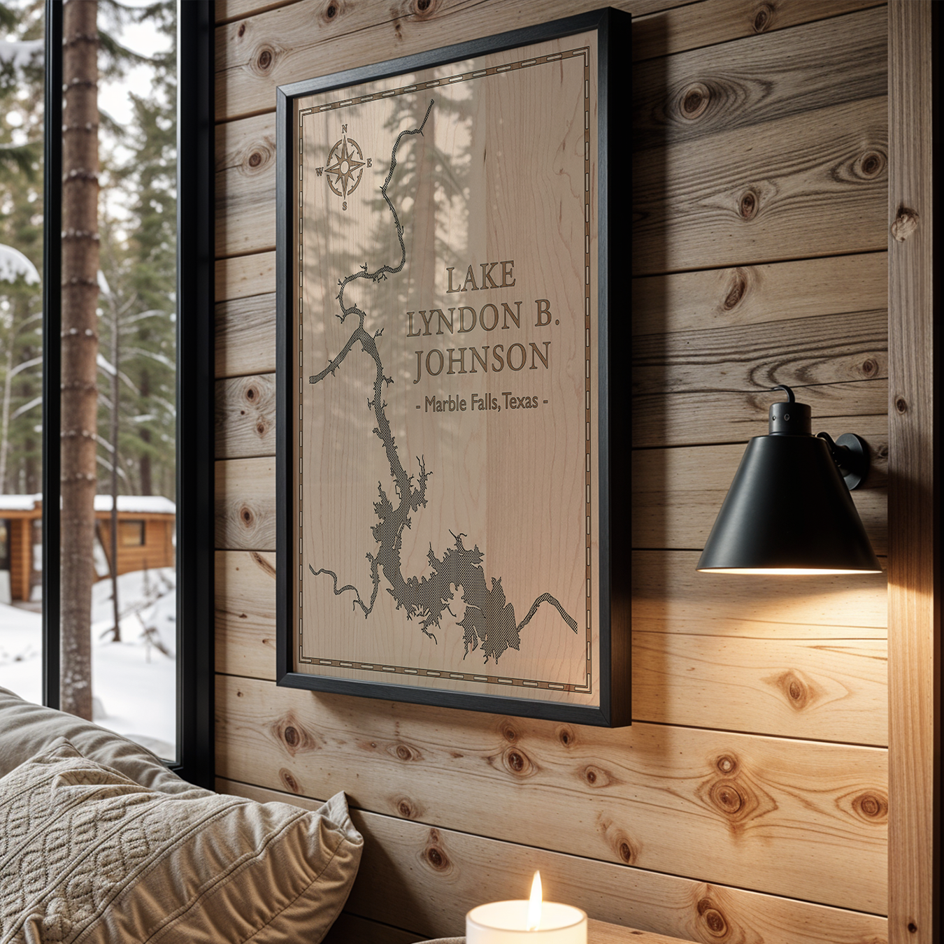 Framed laser-engraved wood map of Lake Lyndon B. Johnson, Marble Falls, Texas, mounted on a rustic wood cabin wall. A warm and inviting décor piece, perfect for lake houses, vacation rentals, or winter retreats.