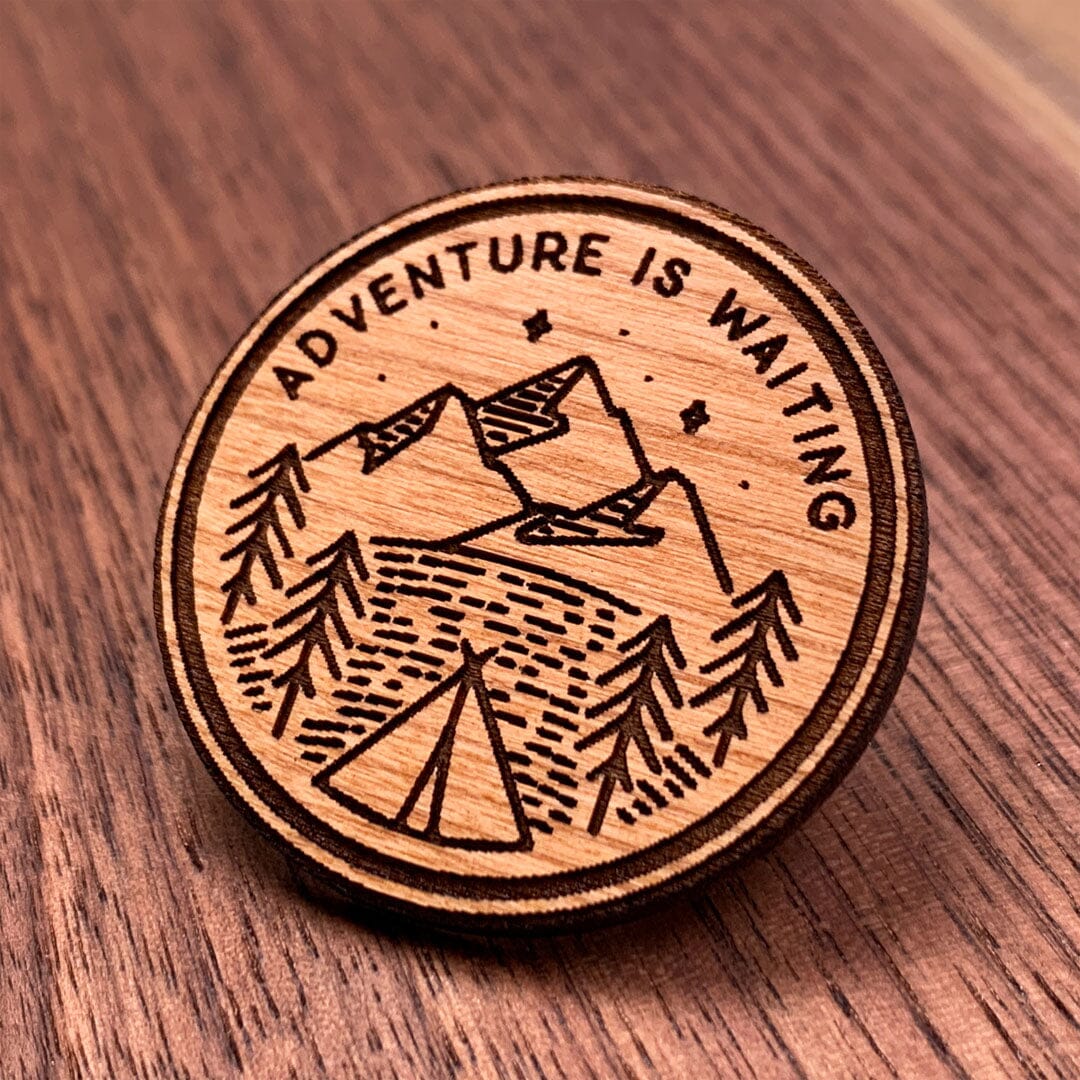 Adventure is Waiting - Keyway Engraved Wooden Pin in Cherry, Zoomed in View