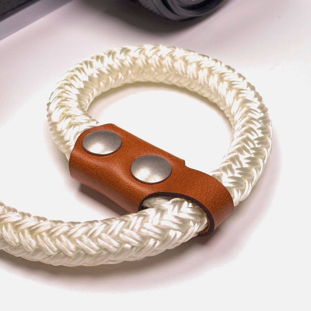 Camera Wrist Strap. Leather, Brass and Nylon. Slip Knot style wrist closure.