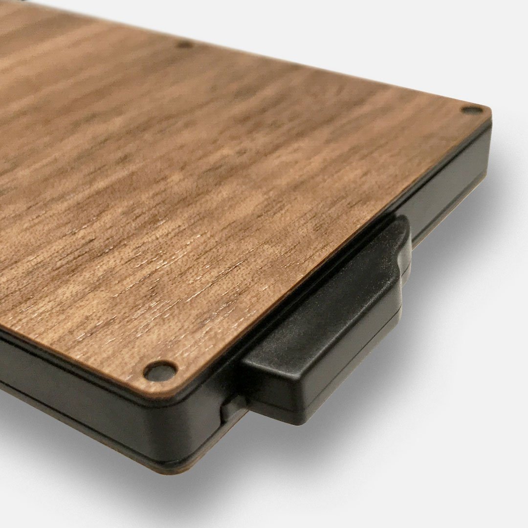 Walnut Wood & Aluminum Card Holder, Cards fanned out