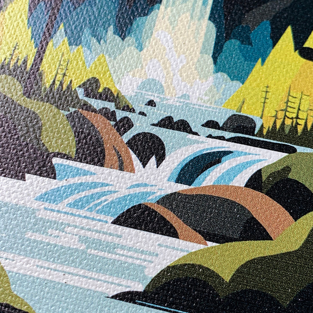 Zoomed in detailed shot of the stylized peaceful forest waterfall making it's way through the rocks printed to cotton canvas iPhone 15 MagSafe Case by Keyway Designs