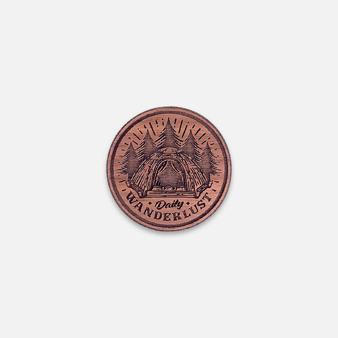 Daily Wanderlust - Keyway Engraved Wooden Pin in Walnut, Front View