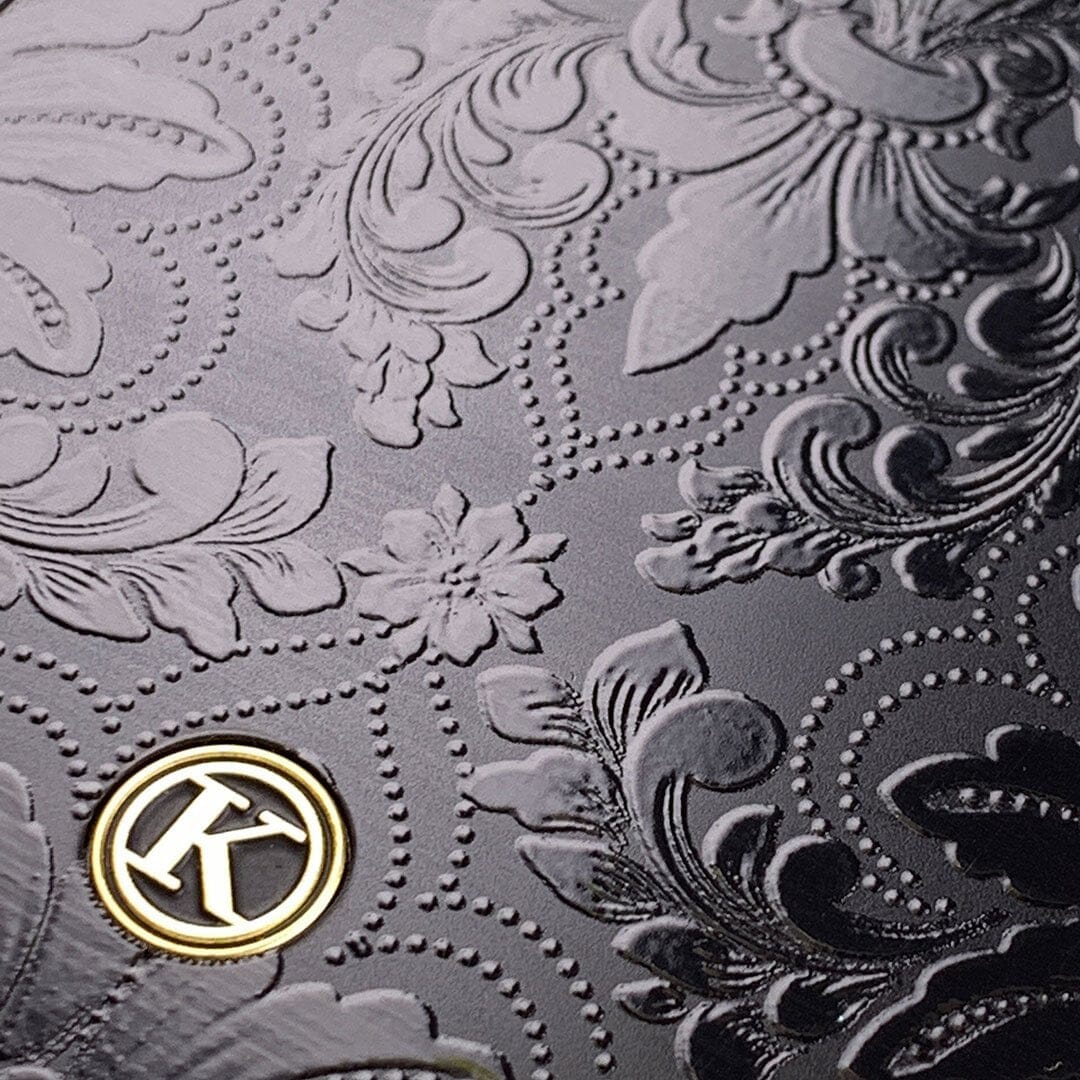 Zoomed in detailed shot of the detailed gloss Damask pattern printed on matte black impact acrylic Galaxy S21 Ultra Case by Keyway Designs