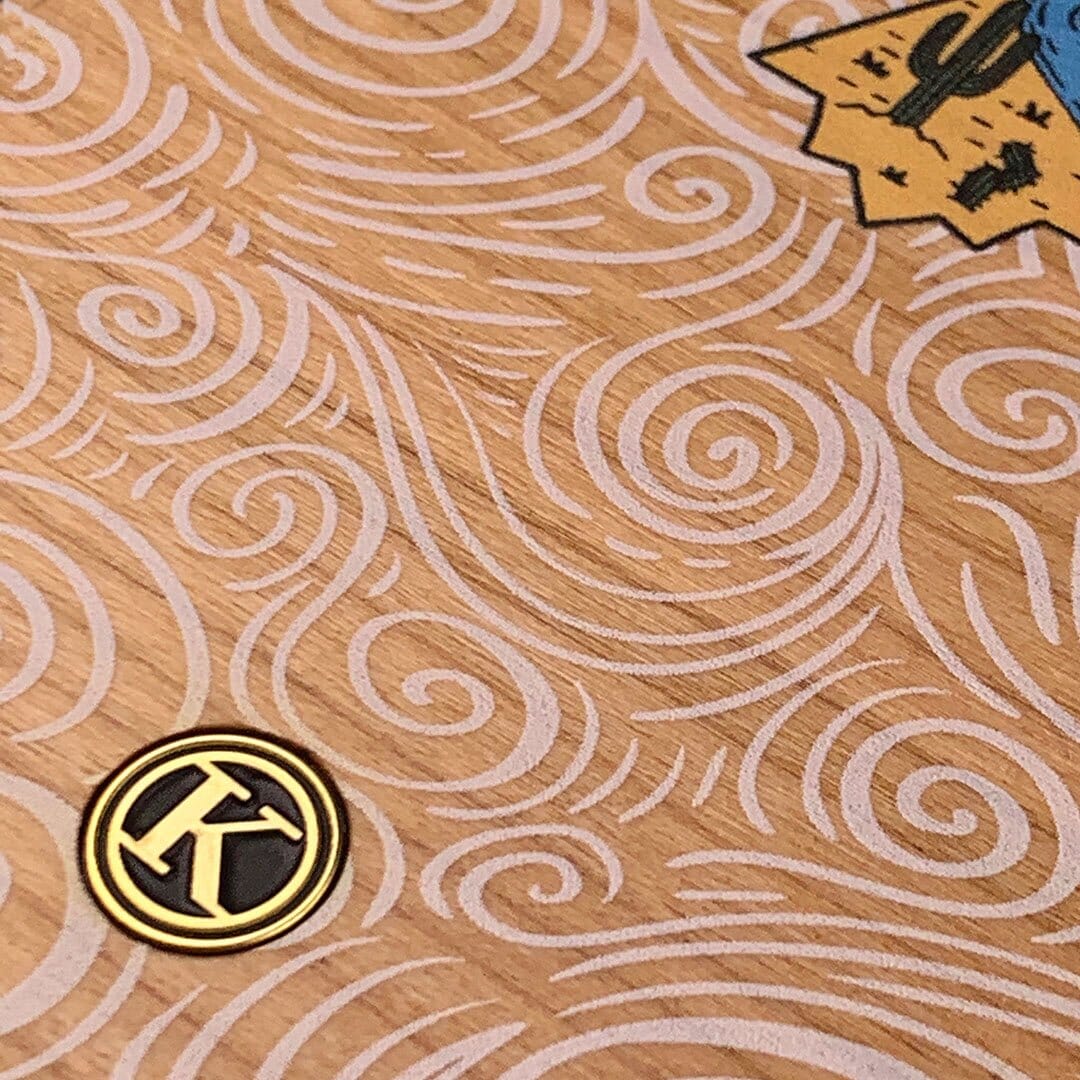 Zoomed in detailed shot of the double-exposure style eagle over flowing gusts of wind printed on Cherry wood Galaxy S10e Case by Keyway Designs