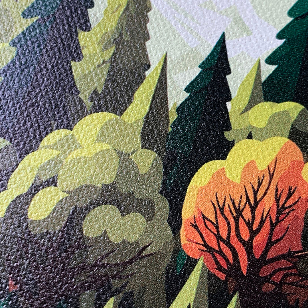 Zoomed in detailed shot of the stylized quiet forest path making it's way through the evergreen trees printed to cotton canvas iPhone 14 Plus MagSafe Case by Keyway Designs