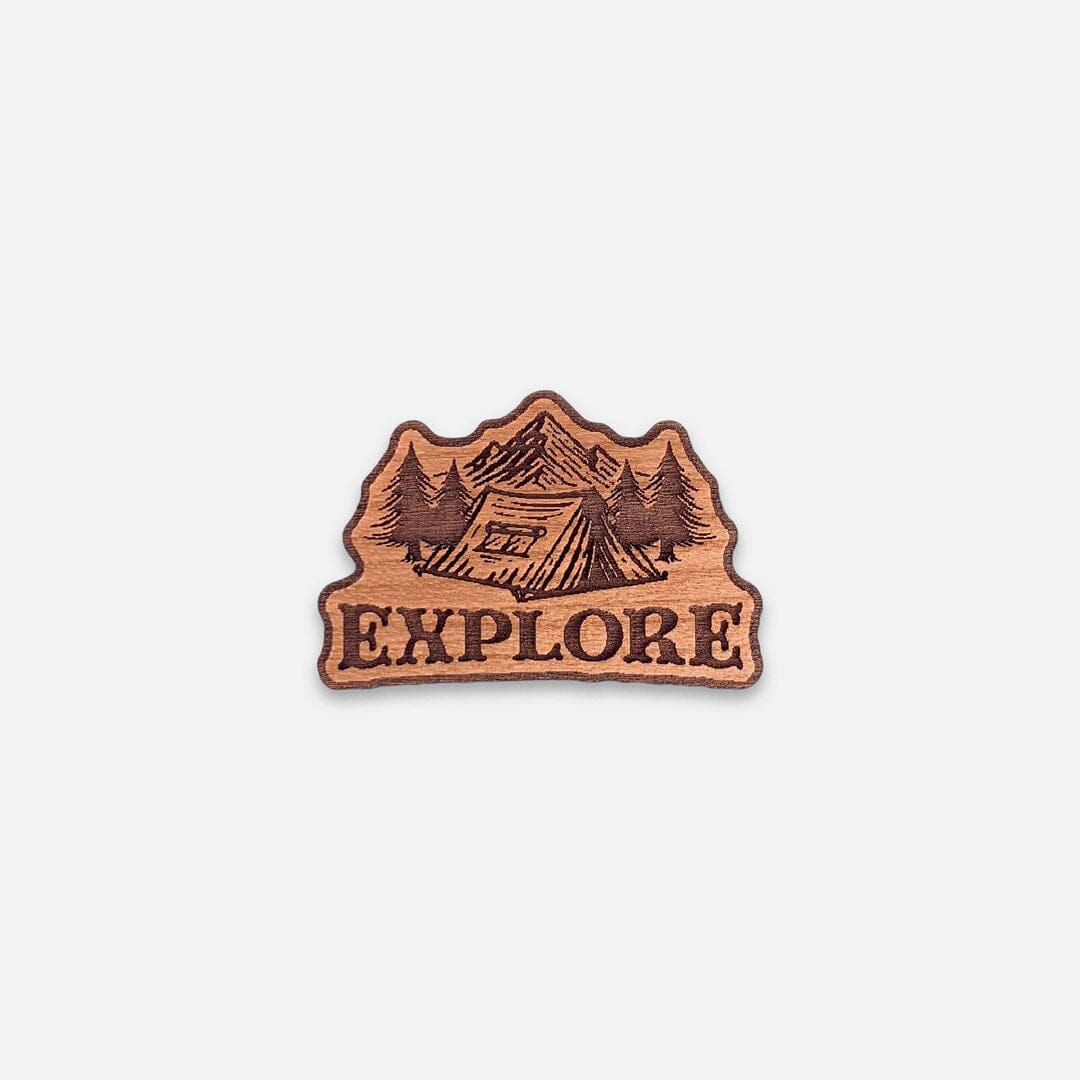 Explore - Keyway Engraved Wooden Pin in Cherry, Front View
