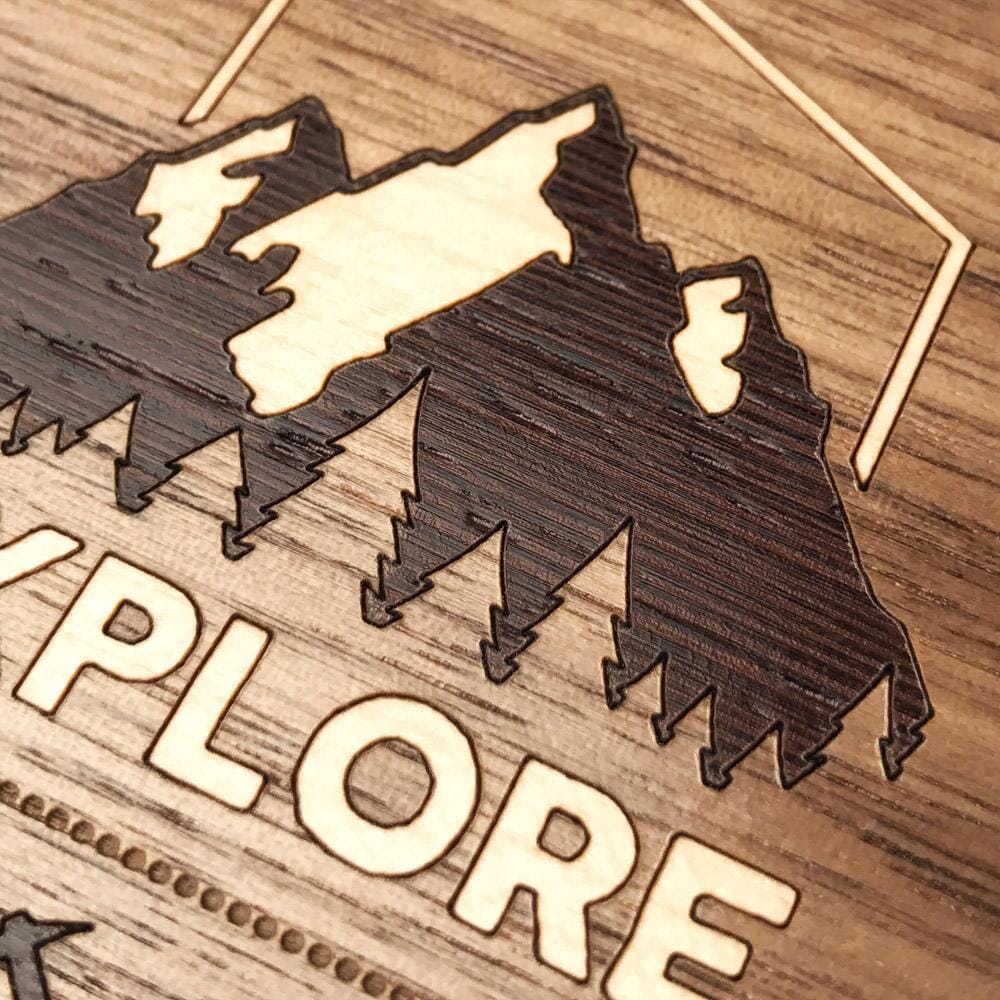 Zoomed in detailed shot of the Explore Mountain Range Wood iPhone 13 Mini Case by Keyway Designs