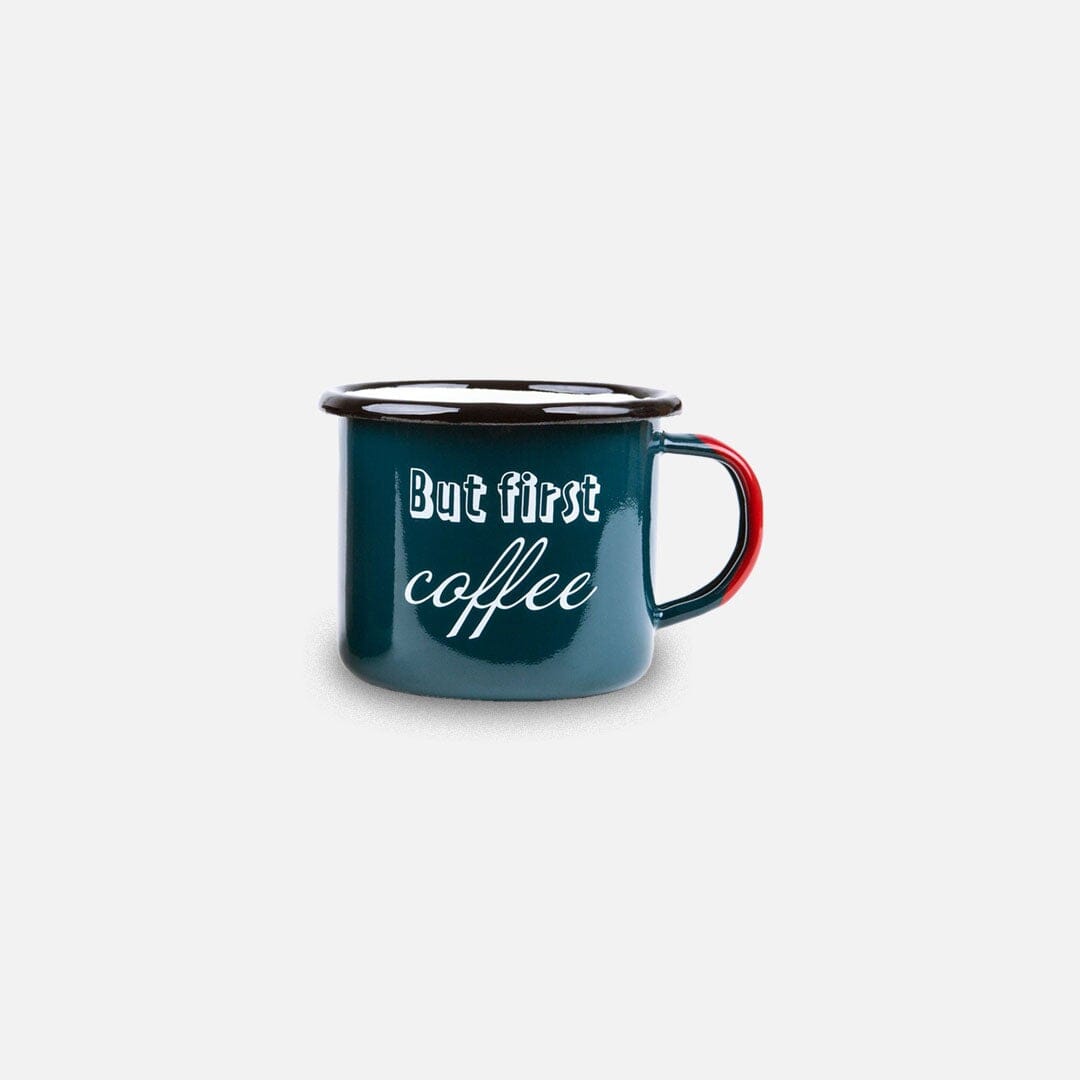 KEYWAY | Sierra Outfitters - But First Coffee Enamel Mug, Handcrafted by Artisans in Poland, Front View