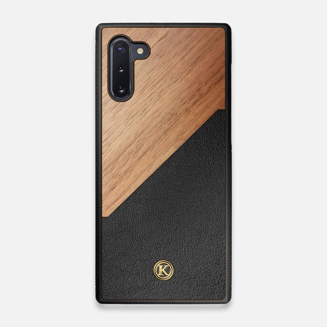 Front view of the Walnut Rift Elegant Wood & Leather Galaxy Note 10 Case by Keyway Designs
