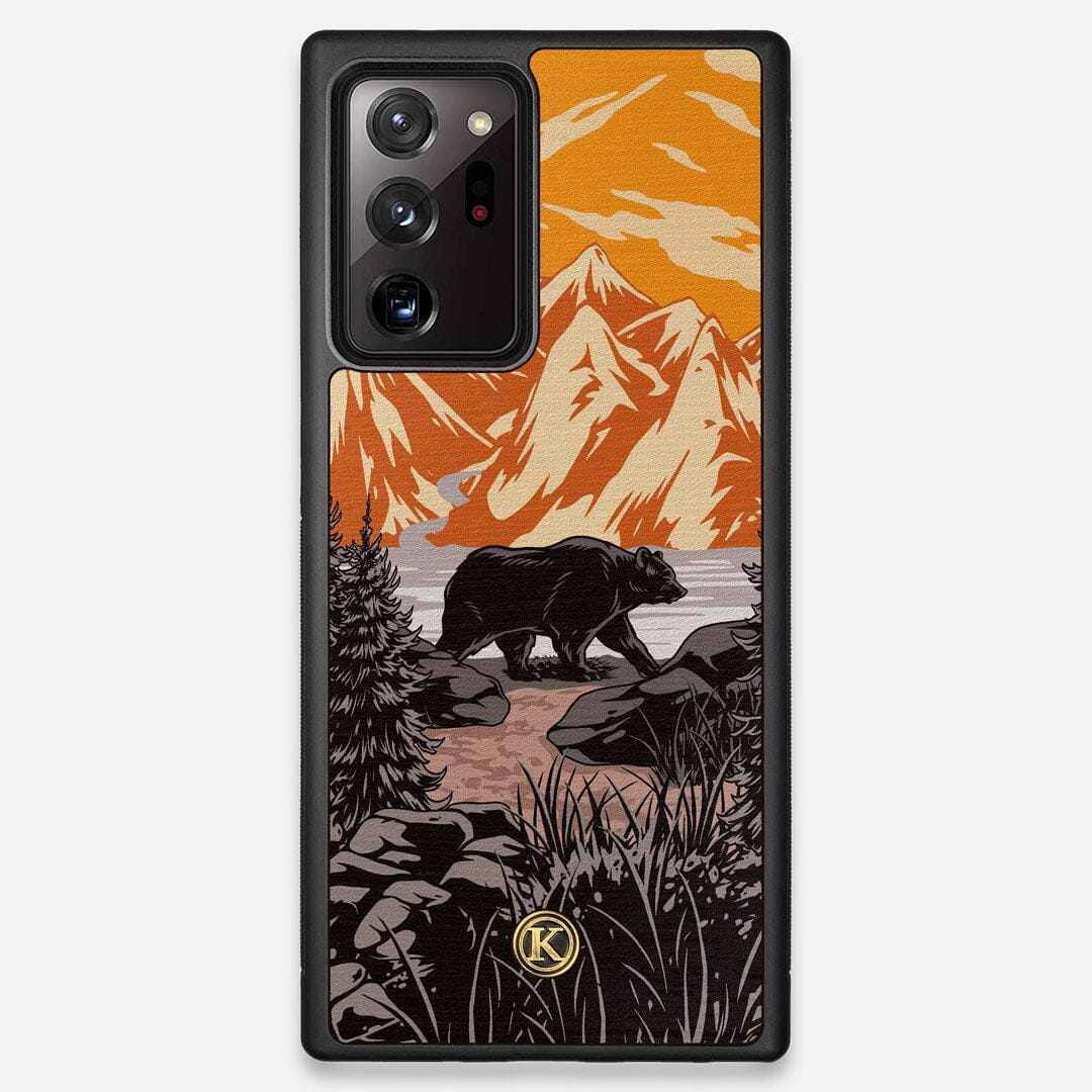Front view of the stylized Kodiak bear in the mountains print on Wenge wood Galaxy Note 20 Ultra Case by Keyway Designs