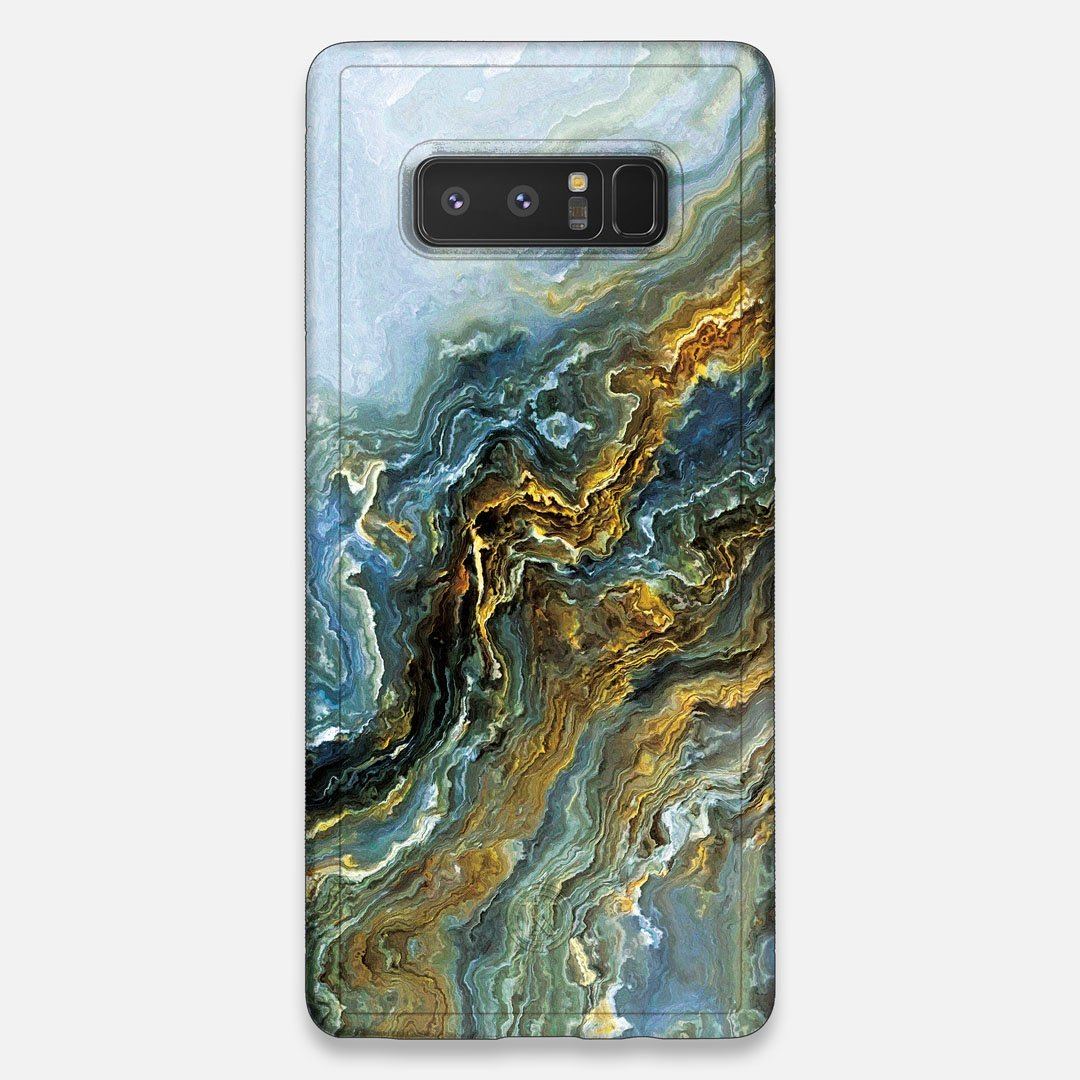 Front view of the vibrant and rich Blue & Gold flowing marble pattern printed Wenge Wood Galaxy Note 8 Case by Keyway Designs