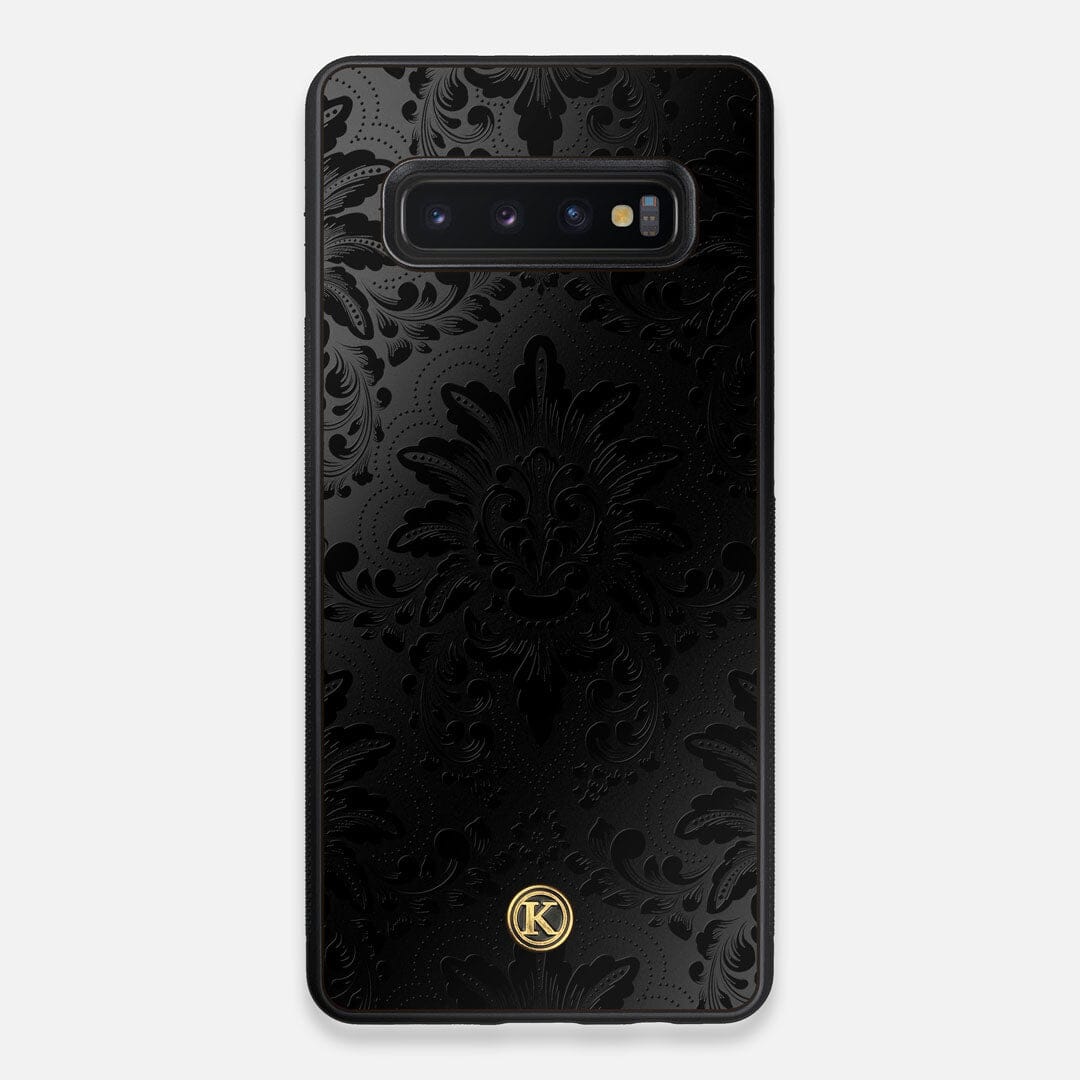 Front view of the detailed gloss Damask pattern printed on matte black impact acrylic Galaxy S10+ Case by Keyway Designs