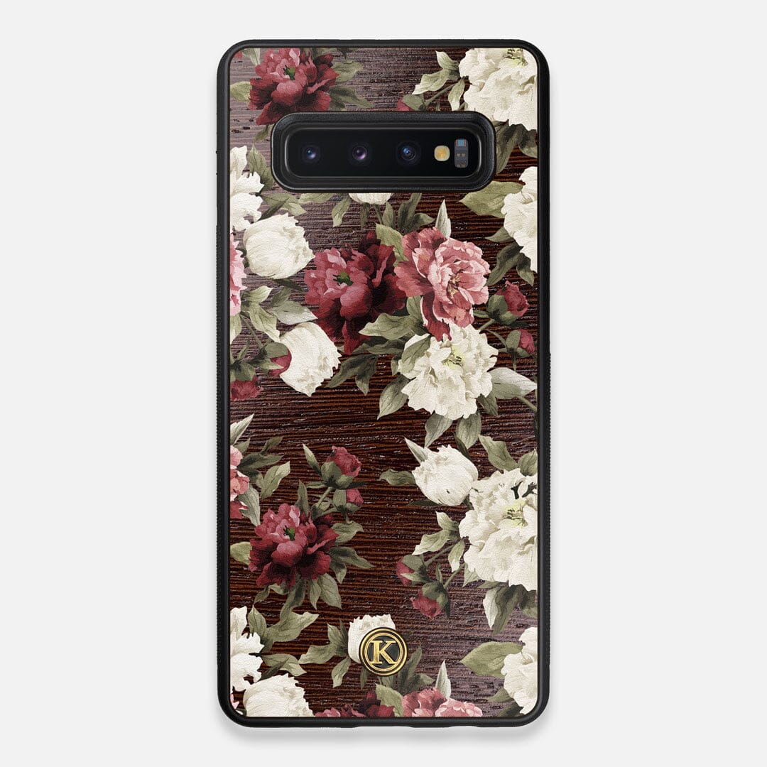 Front view of the Rose white and red rose printed Wenge Wood Galaxy S10+ Case by Keyway Designs