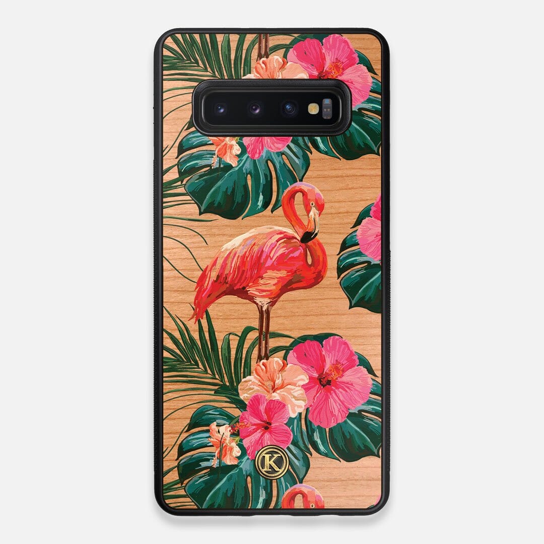 Front view of the Flamingo & Floral printed Cherry Wood Galaxy S10+ Case by Keyway Designs