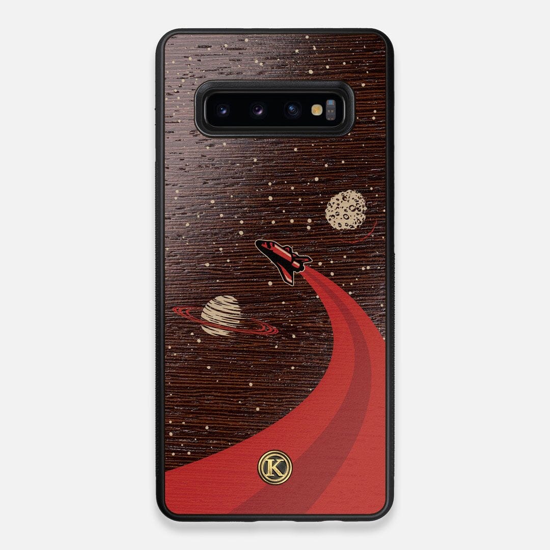 Front view of the stylized space shuttle boosting to saturn printed on Wenge wood Galaxy S10+ Case by Keyway Designs