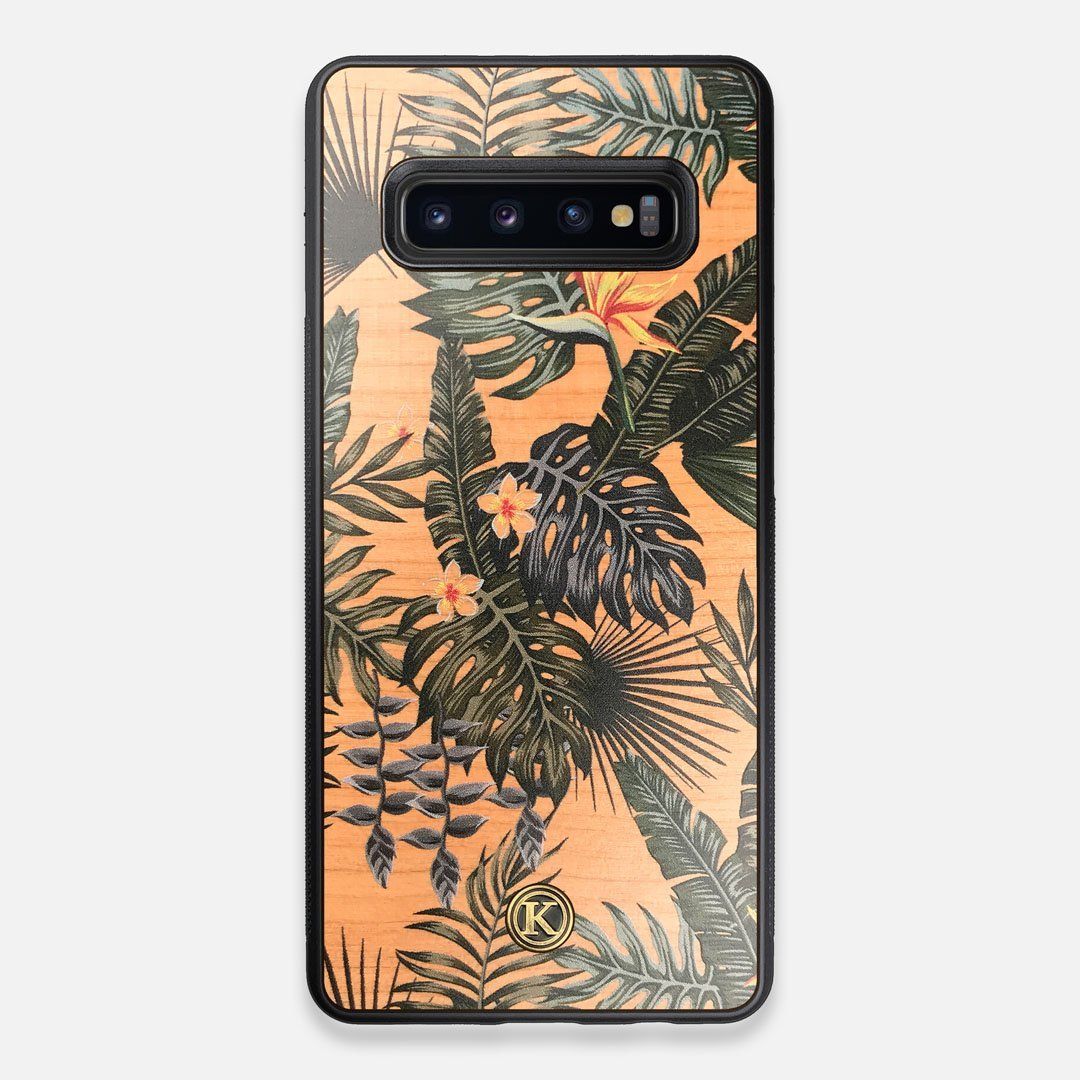 Front view of the Floral tropical leaf printed Cherry Wood Galaxy S10+ Case by Keyway Designs