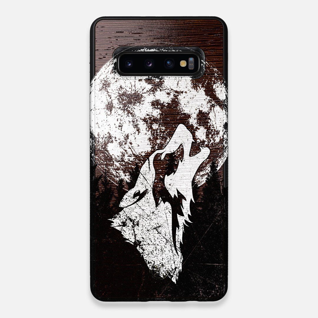 Front view of the high-contrast howling wolf on a full moon printed on a Wenge Wood Galaxy S10+ Case by Keyway Designs