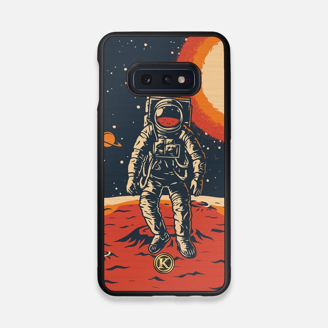 Front view of the stylized astronaut space-walk print on Cherry wood Galaxy S10e Case by Keyway Designs