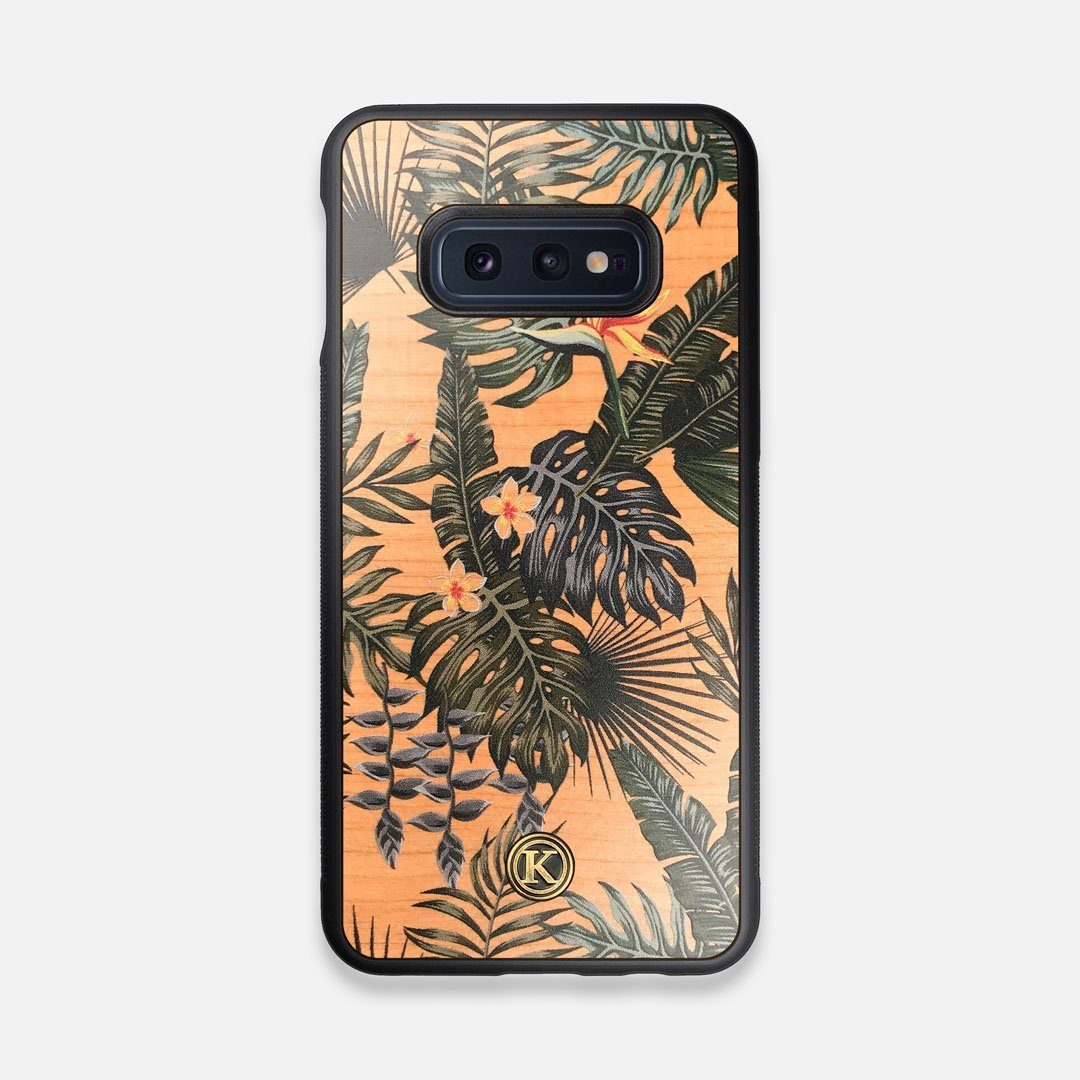 Front view of the Floral tropical leaf printed Cherry Wood Galaxy S10e Case by Keyway Designs