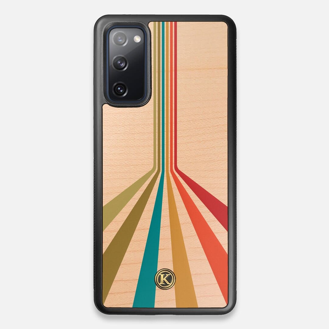 Front view of the array of colour beams splitting across the case printed on Maple wood Galaxy S20 FE Case by Keyway Designs
