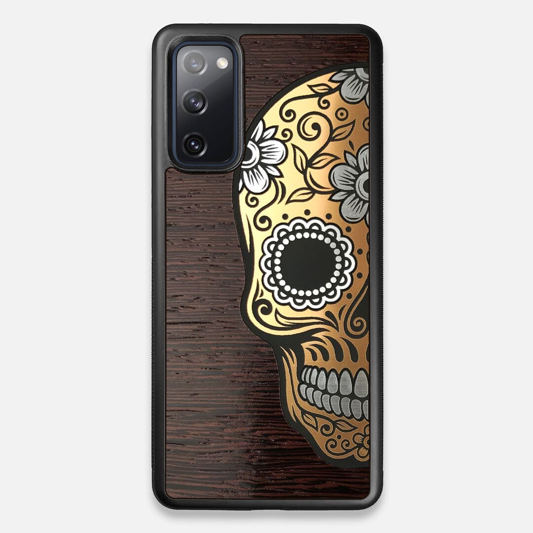 Front view of the Calavera Wood Sugar Skull Wood Galaxy S20 FE Case by Keyway Designs