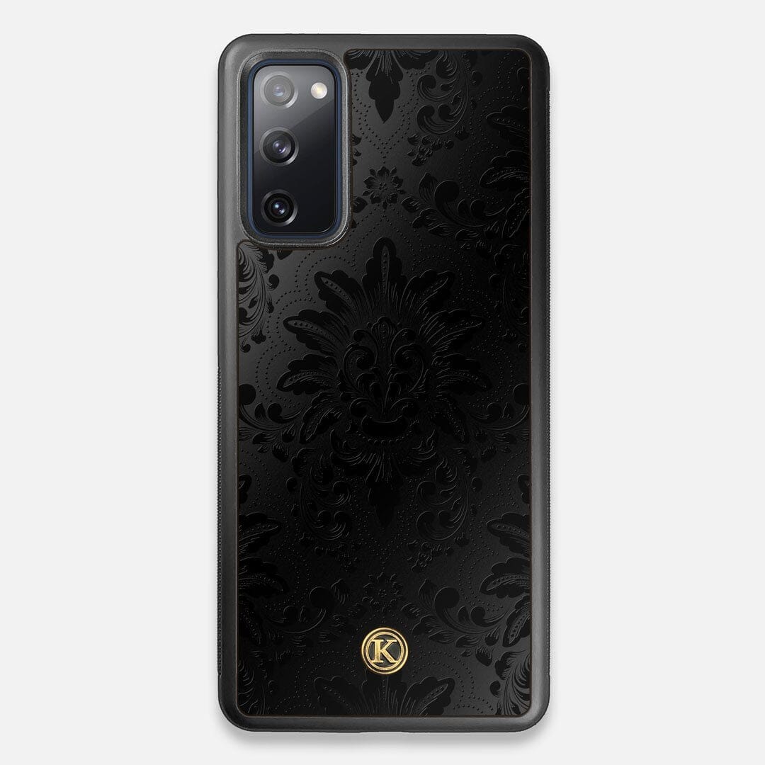 Front view of the detailed gloss Damask pattern printed on matte black impact acrylic Galaxy S20 FE Case by Keyway Designs