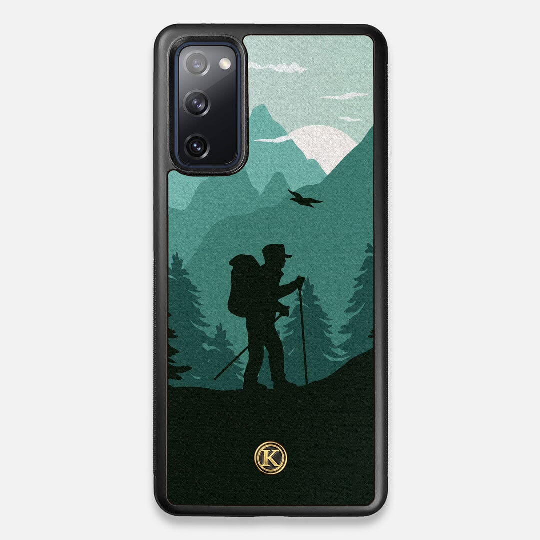 Front view of the stylized mountain hiker print on Wenge wood Galaxy S20 FE Case by Keyway Designs