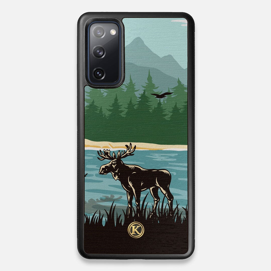 Front view of the stylized bull moose forest print on Wenge wood Galaxy S20 FE Case by Keyway Designs