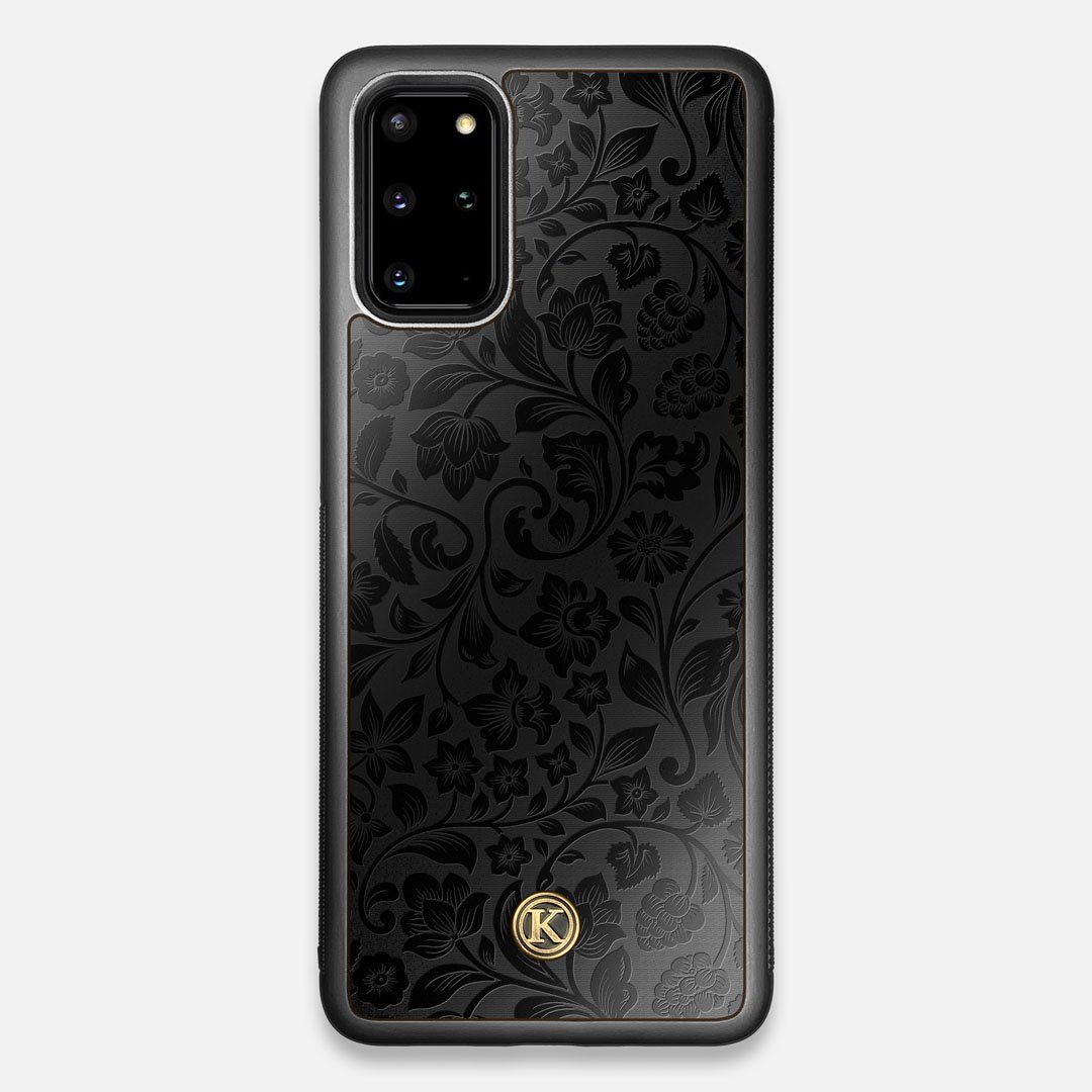 Front view of the highly detailed midnight floral engraving on matte black impact acrylic Galaxy S20+ Case by Keyway Designs